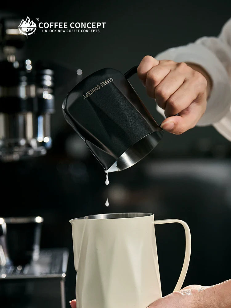 【COFFEE CONCEPT】Diamond Coffee Milk Pitcher with Measurement Markers, Precision Spout Milk Frothing Cup, Thick Stainless Steel Latte Art Cup for Professional Espresso