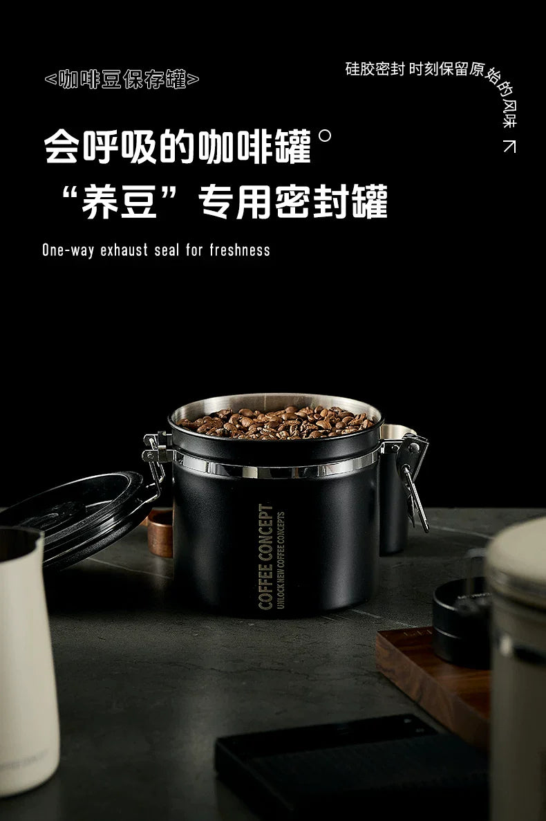 【COFFEE CONCEPT】Coffee Bean Storage Canister, Airtight Vacuum Container with One-Way Valve, Stainless Steel Coffee Canister