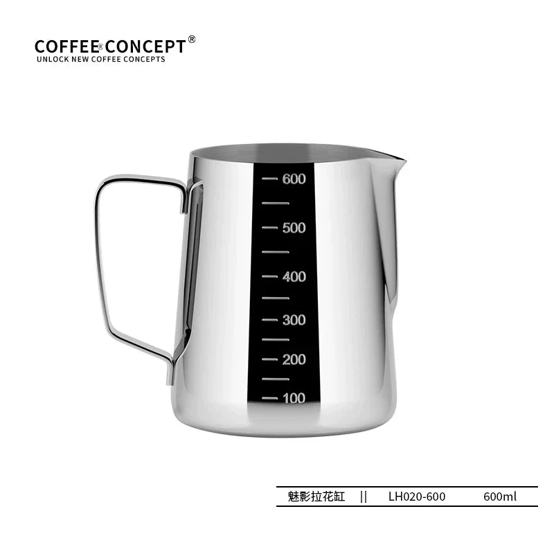 【COFFEE CONCEPT】Diamond Coffee Milk Pitcher with Measurement Markers, Precision Spout Milk Frothing Cup, Thick Stainless Steel Latte Art Cup for Professional Espresso