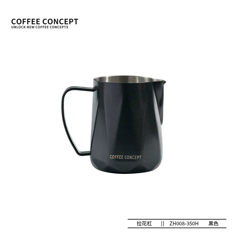 【COFFEE CONCEPT】Diamond Coffee Milk Pitcher with Measurement Markers, Precision Spout Milk Frothing Cup, Thick Stainless Steel Latte Art Cup for Professional Espresso