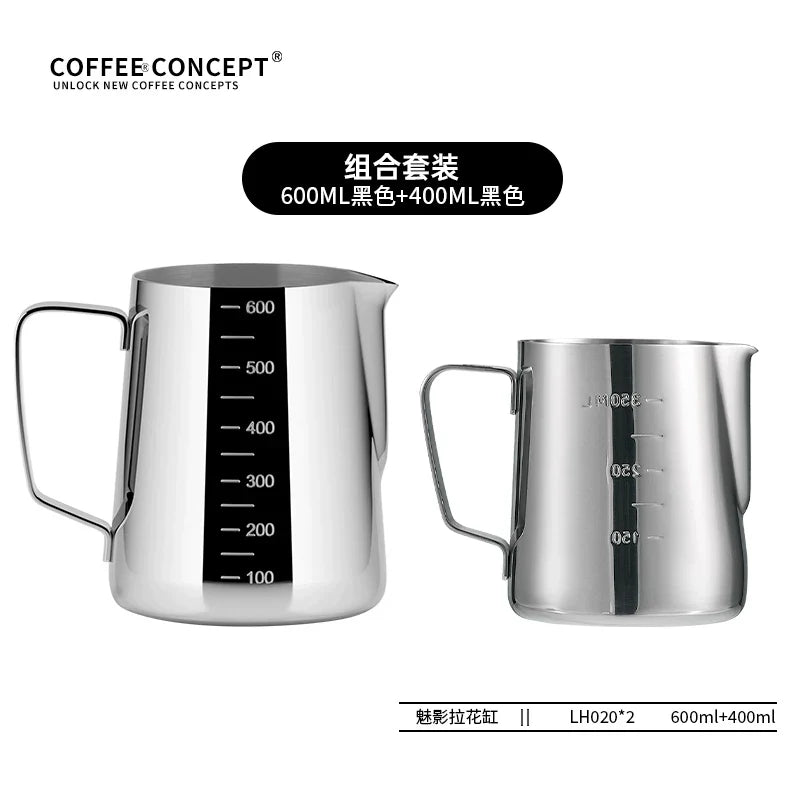 【COFFEE CONCEPT】Diamond Coffee Milk Pitcher with Measurement Markers, Precision Spout Milk Frothing Cup, Thick Stainless Steel Latte Art Cup for Professional Espresso